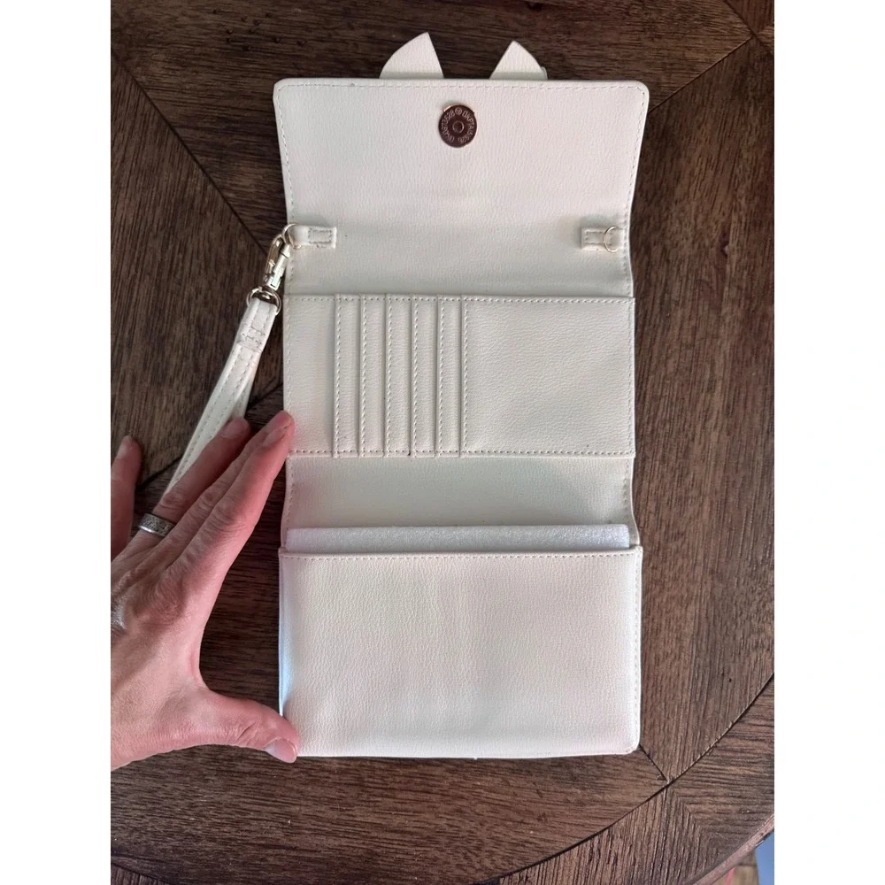 Madden Girl Cream Faux Leather Bow Wristlet Wallet Cream Gold Tone Logo
